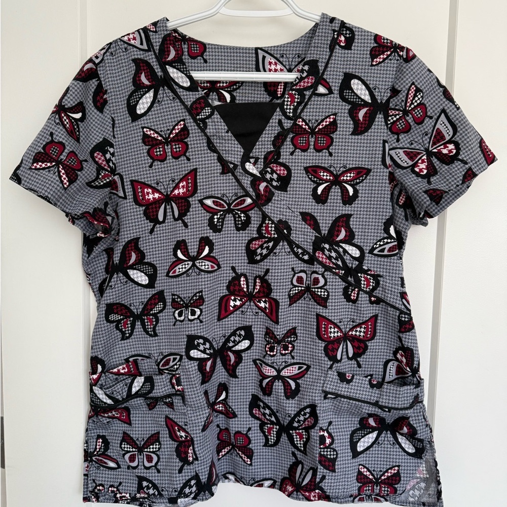 Health Pro Butterfly Print Scrub Top Size Ladies Large Pockets 100% Cotton